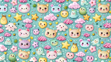 A whimsical and colorful pattern featuring adorable cartoon animals, clouds, and stars on a light blue background.