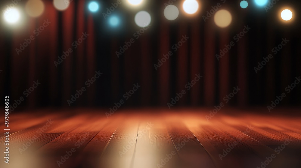 Aufkleber wooden stage with soft ambient lighting and blurred glowing orbs backdrop: perfect setting for produ