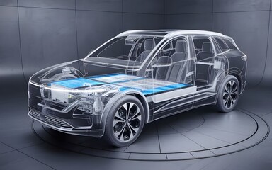 Modern Electric Car Battery X-Ray - 3D Line Art Chassis Illustration