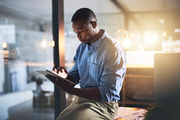 Dark, tablet and black man in office for business, connectivity and research for webdesign....