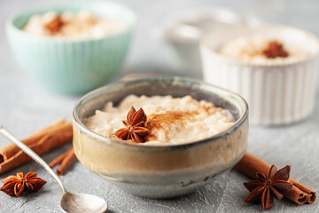 Spanish rice pudding Arroz con Leche in  cream bowl on the table