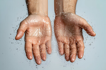 Fototapeta premium A pair of sweaty hands with water droplets splashing around them.