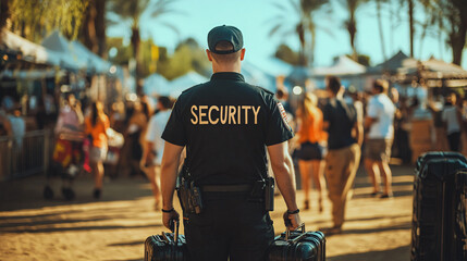 Security guard monitoring the entrance of a busy outdoor event while holding suitcases and facing away from the camera