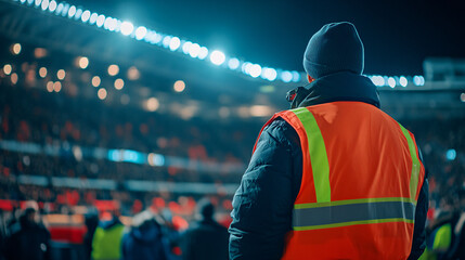 Night event in a stadium is being monitored by a security guard