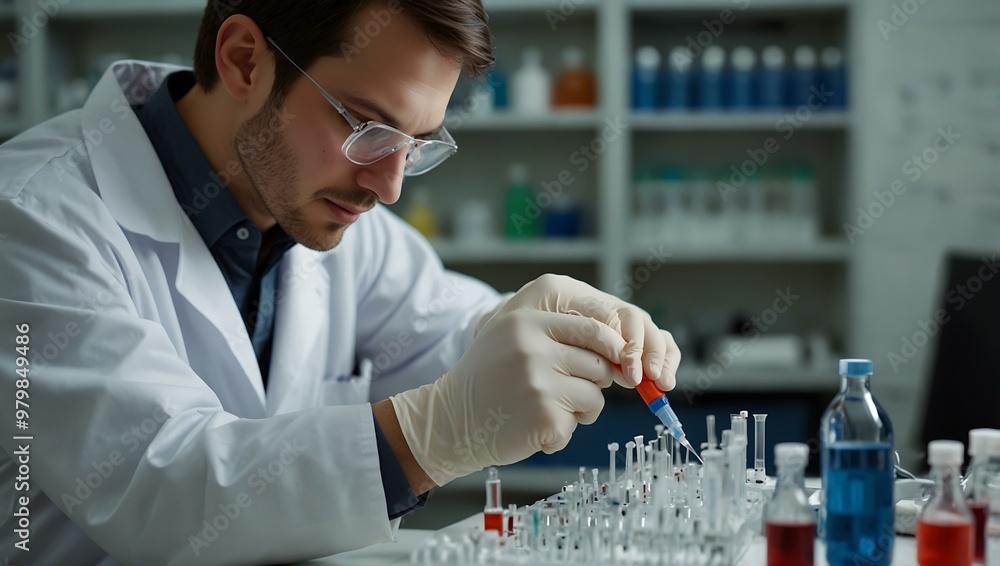 Poster scientist pipetting in a lab setting
