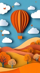 A paper-cut style depiction of an orange hot air balloon floating over rolling hills, with trees and clouds in the sky