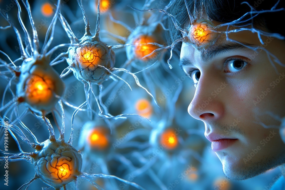 Poster human brain surrounded by neural connections and synapses glowing with electric impulses representin