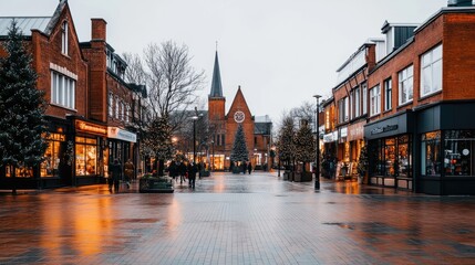 Fototapeta premium Brick-paved street in Col charton, Canada, bustling with people enjoying evening shopping under softly glowing lights from local shops