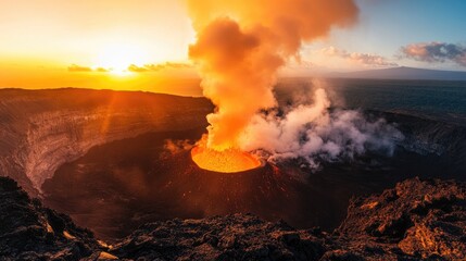 Fototapeta premium A panoramic shot of an active volcano at dawn, with the sky glowing orange and the volcano spewing ash into the air