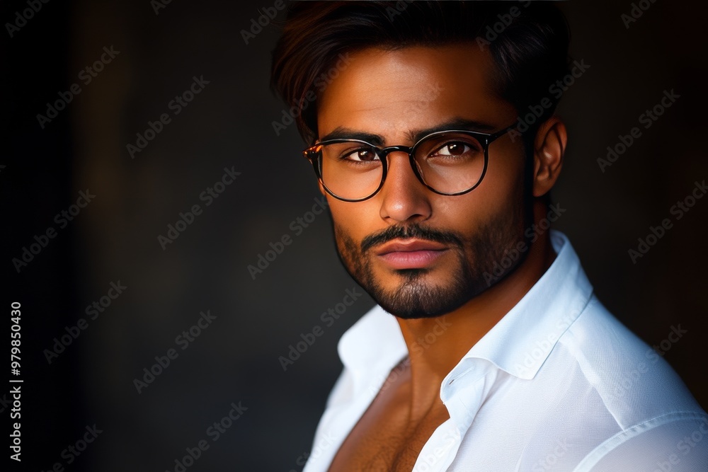 Aufkleber portrait of confident man with a sharp intellectual gaze surrounded by dark lighting and minimalisti