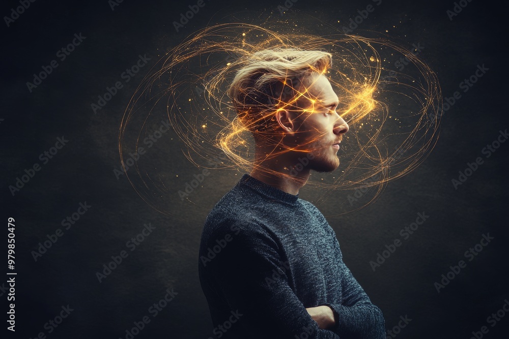 Poster man with illuminated golden neural halo around head representing a powerful intellect creativity and