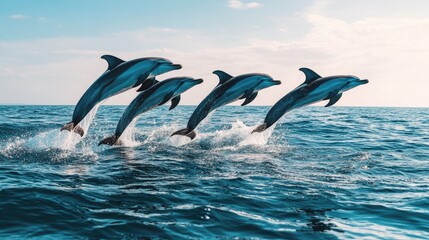 A pod of dolphins leaping out of the ocean in unison against a bright blue sky, playful and free in their natural habitat