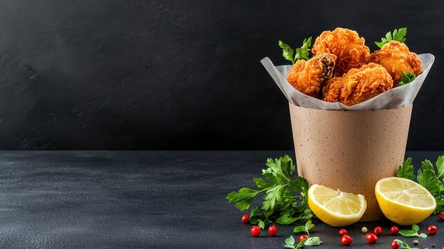 Delicious fried chicken served in a rustic bucket, garnished with fresh lemon and herbs for a mouthwatering presentation.