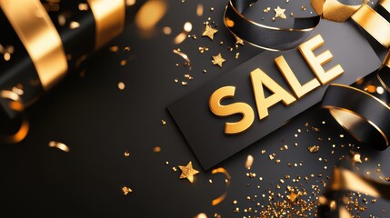 A Black Friday banner with sleek black and gold ribbons, bold "SALE" text, and sparkling confetti, perfect for a luxurious promotion.