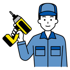 インパクトドライバーを持つつなぎ作業服の男性