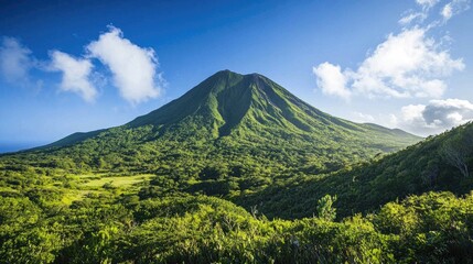 Fototapeta premium A scenic shot of a dormant volcano with lush vegetation covering its slopes, surrounded by a calm blue sky