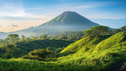 Fototapeta premium A scenic shot of a dormant volcano with lush vegetation covering its slopes, surrounded by a calm blue sky