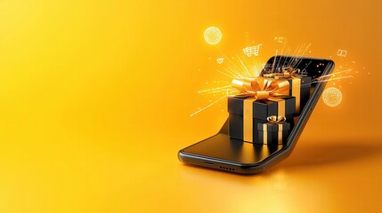 A Black Friday sale ad on a smartphone screen, glowing with bold fonts and flashing discount percentages.