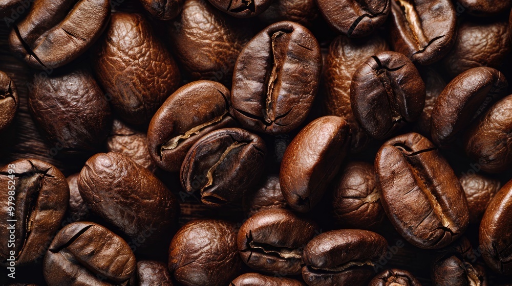 Poster close up image of coffee beans roasted for background and text space