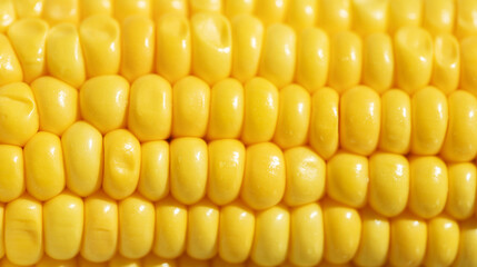 A close-up view reveals plump yellow corn kernels, their glossy surfaces catching the warm glow of autumn sunlight, symbolizing abundance and nature's bounty.