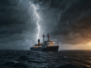 Ship navigating through fog and lightning storm.