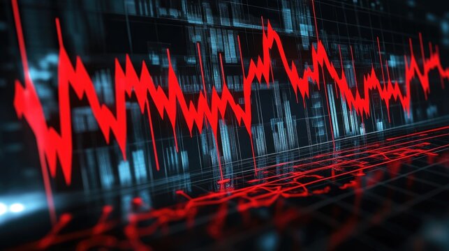 A stock market crash represented by a digital graph showing a sharp decline in stock values, with red arrows and lines