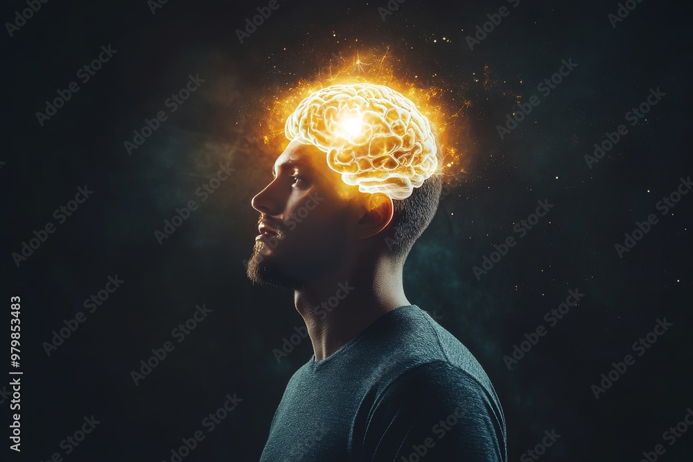 Aufkleber man with glowing golden neural energy emanating from his head symbolizing powerful thoughts creativi