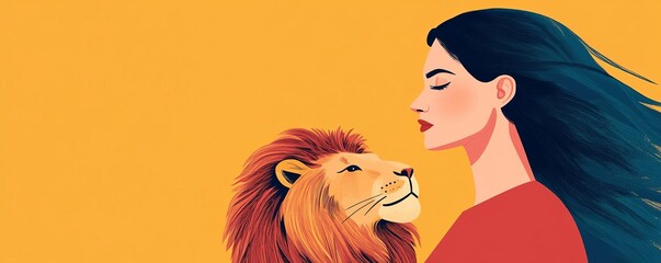 Confident Leo woman with a lion, symbolizing courage and leadership