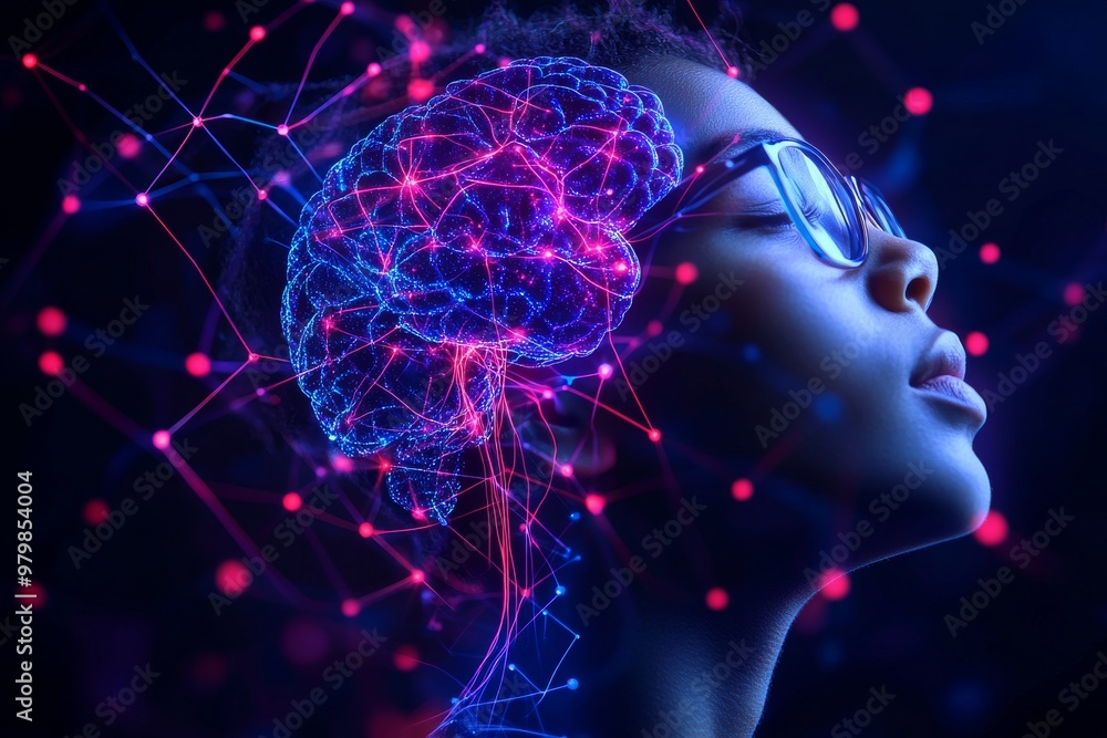 Poster abstract glowing pink neural network forming inside a human brain symbolizing cognitive processes me