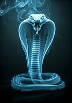 Photorealistic smoky graceful, The Great King Cobra "Hamadryad" against the background of fog. Fumigate. Smoke art. Created with Generative AI technology