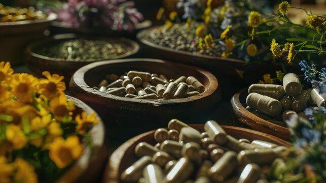 Close up of herbal medicines in traditional Unani medicine concept
