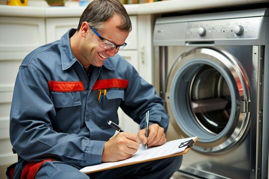 Beautiful repairman sitting near dishwasher writing on clipboard in kitchen, wearing eyeglasses, smiling and laughing.