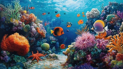 Fototapeta premium A vibrant coral reef scene with a variety of marine life, including colorful fish, sea anemones, and starfish