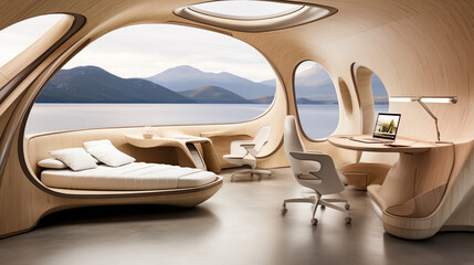 Futuristic interior design of a modern bedroom with a huge oval window and views of the lake and mountains in the distance