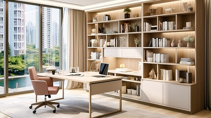 Modern interior of a cabinet combined with a library