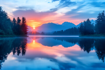 Peaceful sunset over a calm lake with reflections of trees and mountains


