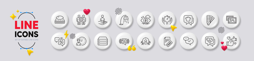 Palette, 5g internet and Timer line icons. White buttons 3d icons. Pack of Servers, Business targeting, 5g wifi icon. Like, Working hours, Medical drugs pictogram. Vector