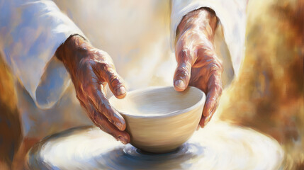 An illustration of God shaping human life. Pottery maker or artist molding a clay at a factory, workshop studio or art class.