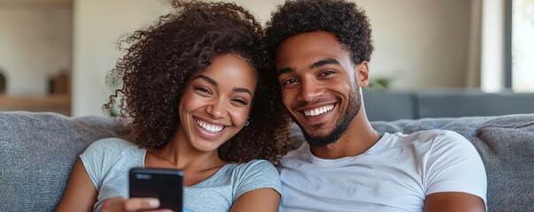 Happy couple sitting on the couch smiling and enjoying a relaxing moment together in a cozy home environment