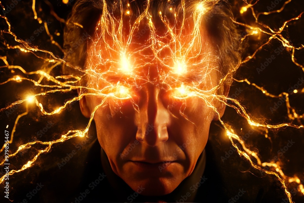 Poster man with glowing neural energy emanating from his forehead symbolizing intense mental focus intellig