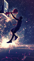 Dynamic basketball player performs a stunning dunk under colorful lights in an electrifying arena atmosphere