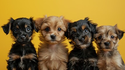 Close up portrait of one year old puppies on a yellow backdrop