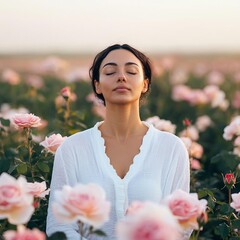 Gentle Cancer woman in a field of roses, embodying sensitivity and care