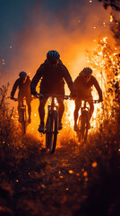 Fototapeta premium Bicyclists navigate a fiery trail under a dramatic sunset in a remote wilderness area during an adventurous ride