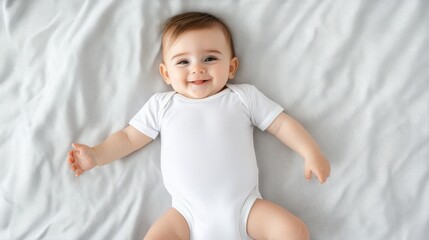 Happy baby with brown hair lying on a soft white blanket wearing a white onesie