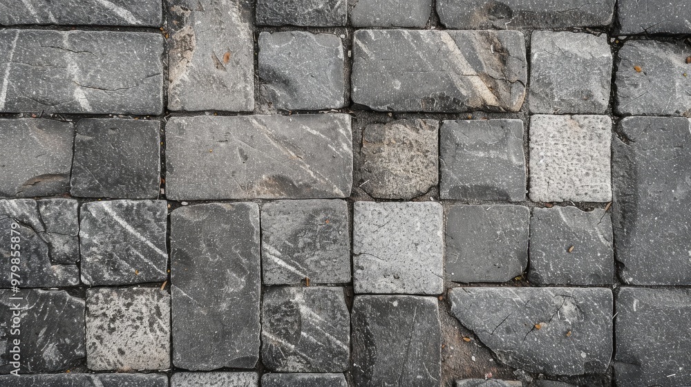 Poster close up shot of gray square and rectangular paving stone tiles on a road surface creating an abstra