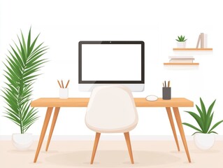Modern home office setup with computer and plants