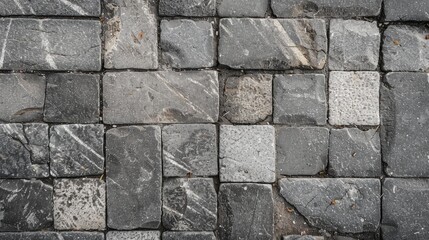 Obraz premium Close up shot of gray square and rectangular paving stone tiles on a road surface creating an abstract background with texture and space for text