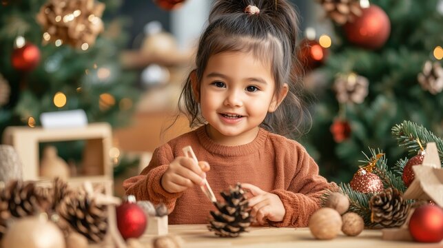 Happy young girl crafting pine cone ornaments for Christmas at home