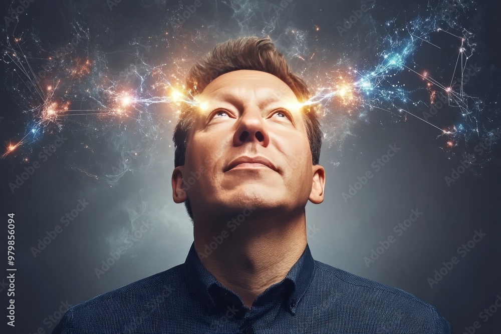 Poster man with arms raised towards the sky with glowing neural pathways from his head symbolizing enlighte